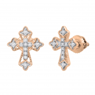 Round White Diamond Vintage Cross Stud Earrings for Women (0.13 ctw, Color I-J, Clarity I1-I2) in 18K Rose Gold in Screw Back
