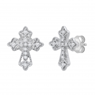 Round White Diamond Vintage Cross Stud Earrings for Women (0.13 ctw, Color I-J, Clarity I2-I3) in 925 Sterling Silver in Push Back