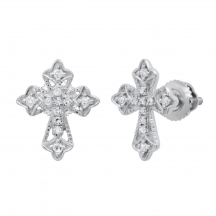 Round White Diamond Vintage Cross Stud Earrings for Women (0.13 ctw, Color I-J, Clarity I2-I3) in 925 Sterling Silver in Screw Back