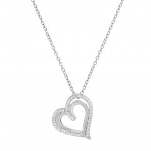 Round White Diamond Double Heart Love Slider Pendant with Silver Chain for Women (0.20 ctw Color I-J Clarity I2-I3) in 925 Sterling Silver