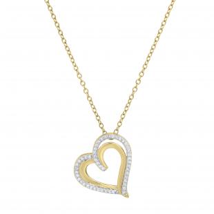 Round White Diamond Double Heart Love Slider Pendant with Gold Chain for Women (0.20 ctw Color I-J Clarity I1-I2) in 14K Yellow Gold
