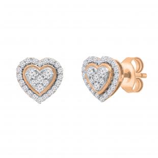 Round White Diamond Outlined Heart Halo Style Pushback Stud Earrings for Women (0.34 ctw Color I-J Clarity I1-I2) in 14K Rose Gold