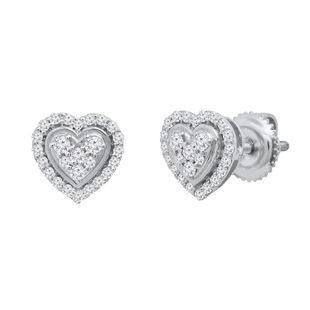Round White Diamond Outlined Heart Halo Style Screwback Stud Earrings for Women (0.34 ctw Color I-J Clarity I2-I3) in 925 Sterling Silver