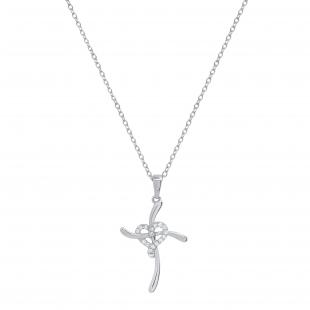 Round White Diamond Heart Swirl Cross Pendant with 18 Inch Silver Chain for Women (0.11 ctw Color I-J Clarity I2-I3) in 10K White Gold