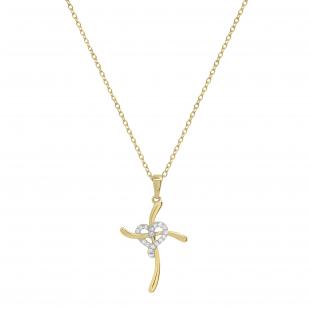 Round White Diamond Heart Swirl Cross Pendant with 18 Inch Gold Chain for Women (0.11 ctw Color I-J Clarity I2-I3) in 10K Yellow Gold