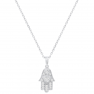 Round White Diamond Hamsa Hand Double Heart Dainty Pendant for Women with 18 Inch Silver Chain (0.19 ctw, Color I-J, Clarity I2-I3) in 925 Sterling Silver