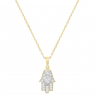 Round White Diamond Hamsa Hand Double Heart Dainty Pendant for Her with 18 Inch Gold Chain (0.19 ctw, Color I-J, Clarity I1-I2) in 18K Yellow Gold