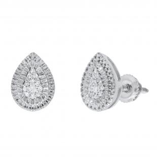 Round White & Metal Diamond Teardrop Shape Stud Earrings for Women (0.11 ctw, Color I-J, Clarity I2-I3) in 925 Sterling Silver in Screw Back