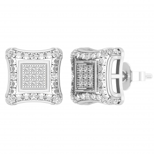 Round White & Metal Diamond Concave Clustered Pushback Stud Earrings for Her (0.22 ctw, Color I-J, Clarity I2-I3) in 925 Sterling Silver