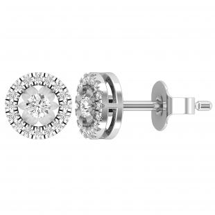 Round White Diamond Flower Halo Style Pushback Stud Earrings for Her (0.28 ctw Color I-J Clarity I2-I3) in 925 Sterling Silver