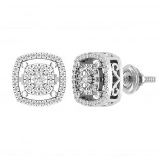 Round White Diamond Double Cushion Shape Flower Screwback Stud Earrings for Women (0.28 ctw Color I-J Clarity I1-I2) in 14K White Gold