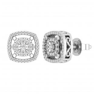 Round White Diamond Double Cushion Shape Flower Pushback Stud Earrings for Her (0.28 ctw Color I-J Clarity I2-I3) in 925 Sterling Silver