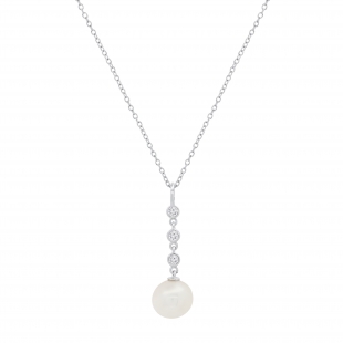 10mm Freshwater Pearl & 0.18 ctw Round White Diamond 3 Stone Drop Down Pendant with 18 Inch Silver Chain for Women in 925 Sterling Silver