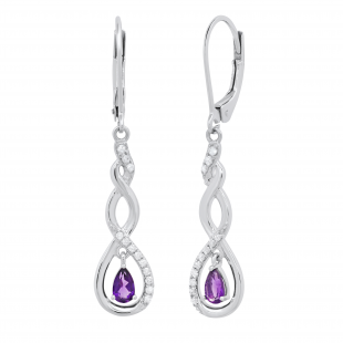 5X3mm Each Pear Shaped Amethyst & 0.17 CT Round White Diamond Infinity Twist Lever Back Dangle Earrings for Women in 925 Sterling Silver