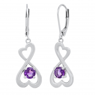 Round Amethyst Double Heart Infinity Twist Lever Back Dangle Earrings for Women (Color Purple Clarity Moderately Included) in 925 Sterling Silver