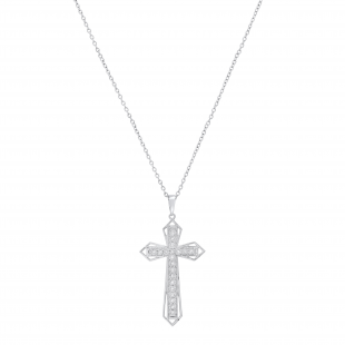 Round White Diamond Religious Gothic Cross Pendant with 18 Inch Silver Chain for Women (0.10 ctw, Color I-J, Clarity I2-I3) in 925 Sterling Silver