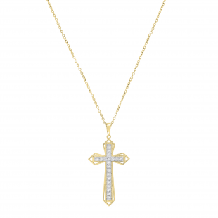 Round White Diamond Religious Gothic Cross Pendant with 18 Inch Gold Chain for Women (0.10 ctw, Color I-J, Clarity I1-I2) in 18K Yellow Gold