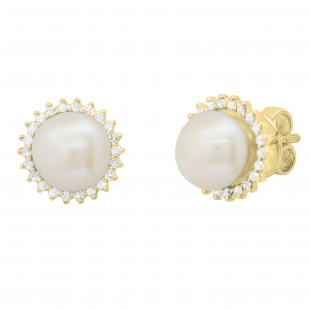 Round 7mm Freshwater Cultured Pearl with 0.19 CT White Diamond Halo Style Pushback Stud Earrings for Women in 10K Yellow Gold