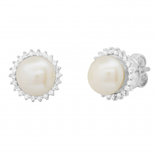 Round 7mm Freshwater Cultured Pearl with 0.19 CT White Diamond Halo Style Pushback Stud Earrings for Women in 925 Sterling Silver