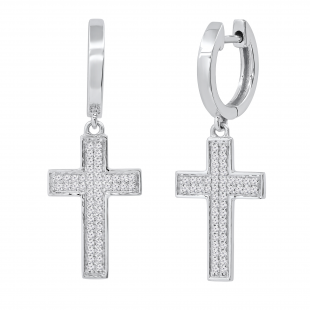 Round White Diamond Cross Dangle Hoop Earrings for Women (0.29 ctw, Color I-J, Clarity I2-I3) in 10K White Gold