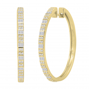 Alternating Baguette & Round White Diamond Ladies Hinged Huggie Hoop Earrings Earrings (0.61 ctw, Color I-J, Clarity I1-I2) in 14K Yellow Gold
