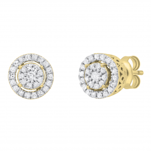 Round White Diamond Double Halo Style Post Stud Earrings for Her (0.24 ctw, Color I-J, Clarity I2-I3) in 10K Yellow Gold in Push Back