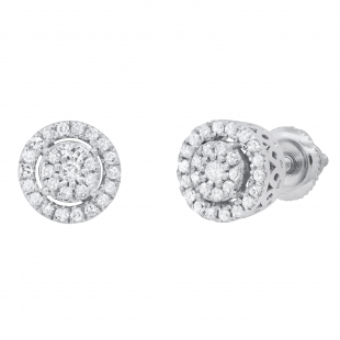 Round White Diamond Double Halo Style Post Stud Earrings for Her (0.24 ctw, Color I-J, Clarity I2-I3) in 925 Sterling Silver in Screw Back