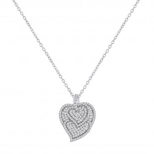 Round White Diamond Triple Heart Outline Pendant for Women with 18 Inch Silver Chain (1.00 ctw, Color I-J, Clarity I1-I2) in 18K White Gold