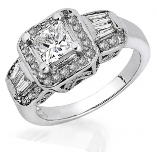 1.15 Carat (ctw) 14K White Gold Princess Round & Baguette Cut Diamond 3 Stone Ladies Engagement Ring Center 0.74 CT