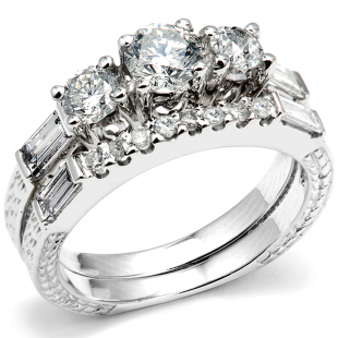 1.50 Carat (ctw) 14k White Gold Round & Baguette Diamond Ladies Bridal Engagement Ring Set with Matching Band