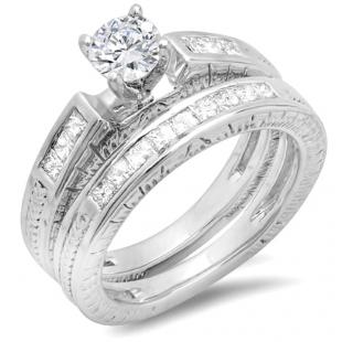 1.15 Carat (Ctw) 14k White Gold Round and Princess Diamond Ladies Bridal Ring Set with Matching Wedding Band (Center Diamond 0.55 CT)