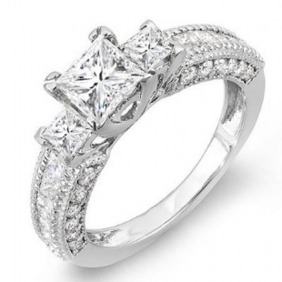 2.35 Carat (ctw) 14k White Gold Princess & Round Diamond Ladies 3 stone Ladies Engagement Ring