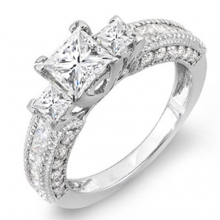 2.25 Carat (ctw) 14k White Gold Princess & Round Diamond Ladies 3 stone Ladies Engagement Ring