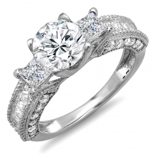 Certified 3.15 Carat (ctw) 14k White Gold Round & Princess Diamond Ladies 3 Stone Engagement Bridal Ring 1.38 CT center included
