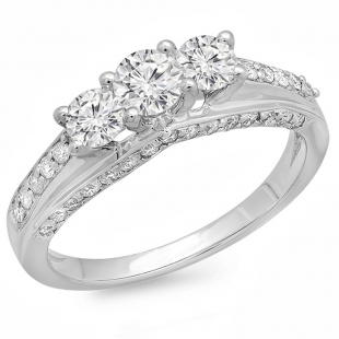 1.25 Carat (ctw) 14k White Gold Round Diamond Ladies Bridal Engagement 3 Stone Ring