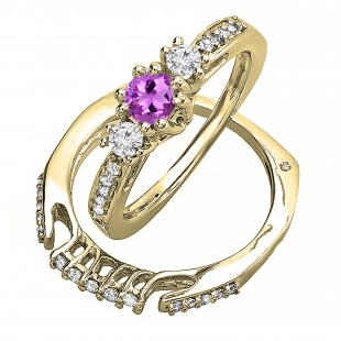 3 Stone Round Amethyst & White Diamond Bridal Ring Set for Women in 10K Yellow Gold