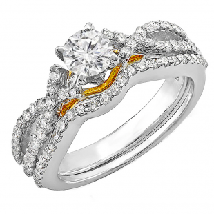 1.00 Carat (ctw) 14k White Gold Round Diamond Ladies Split Shank Engagement Bridal Ring with Matching Band Set