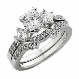 1.05 Carat (Ctw) 14k White Gold Round & Princess Diamond Ladies Bridal Ring Engagement Set 1 CT