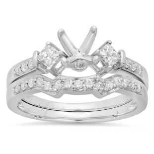 0.55 Carat (ctw) 14k White Gold Round & Princess Diamond Ladies Semi Mount Bridal Engagement Ring Set (No Center Stone)