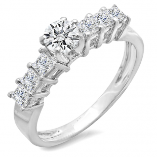 0.85 Carat (ctw) 14k White Gold Round and Princess Diamond Ladies Bridal Engagement Ring