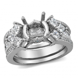 1.30 Carat (ctw) 14k White Gold Princess & Round Diamond Ladies Bridal Semi Mount Ring Set (No Center Stone)