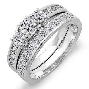 1.50 Carat (ctw) 14k White Gold Round Diamond Ladies Bridal 3 Stone Engagement Ring Set Matching Band
