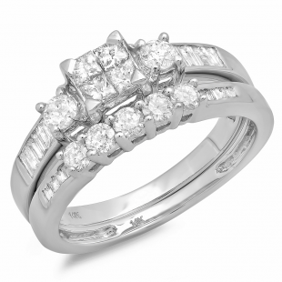 0.85 Carat (ctw) 14k White Gold Princess & Round Diamond Ladies Bridal Ring Set Engagement with Matching Band