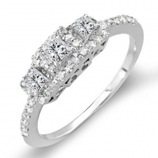 CERTIFIED 0.50 Carat (ctw) 14k White Gold 3 Stone Princess Diamond Ladies Bridal Vintage Engagement Ring 1/2 CT