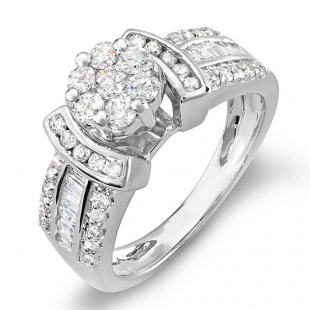 1.00 Carat (ctw) 14k White Gold Round & Baguette Diamond Ladies Bridal Ring