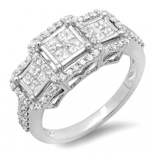 1.25 Carat (ctw) 14k White Gold Brilliant Round & Princess Cut Diamond 3 stone Ladies Engagement Bridal Ring