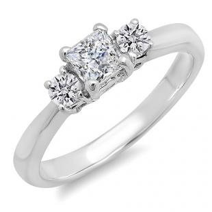 0.90 Carat (ctw) 14k White Gold 3 Stone Princess Center Round Side Diamond Engagement Ring
