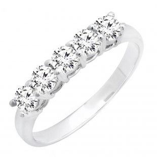 0.85 Carat (ctw) 14k White Gold Round Diamond 5 Stone Ladies Anniversary Wedding Band Ring