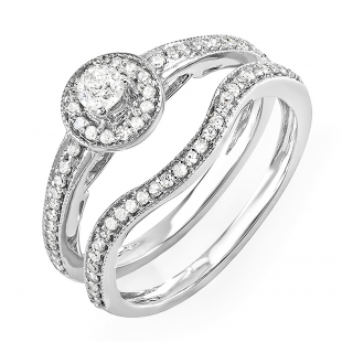 0.55 Carat (ctw) 14k White Gold Round Diamond Ladies Vintage Antique finish Halo Bridal Engagement Ring Matching Band Set