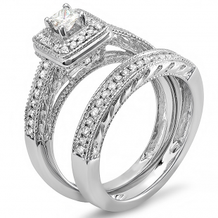 0.75 Carat (ctw) 14k White Gold Princess & Round Diamond Ladies Bridal Ring Set Halo Style Engagement Set